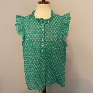 J. Crew Green Block Print Sleeveless Ruffle Trim Button Down, Size XL